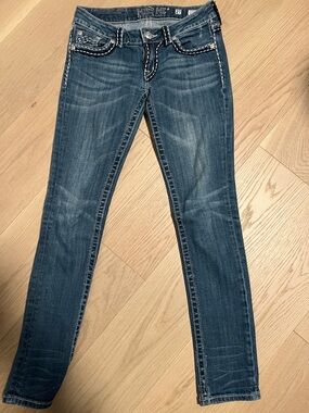 Y2k Miss Me Women's Medium Blue Skinny Jeans with Contrast Stitching